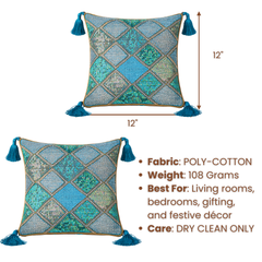 Handcrafted Turquoise Cushion Cover – 12"x12" | Diamond Patchwork Embroidery | Tassel Accents | Premium Poly Cotton