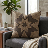Machine Crafted Brown Cushion Cover – 16"x16" | Geometric Star Patchwork Embroidery | Premium Poly-Cotton Decorative Cushion Cover