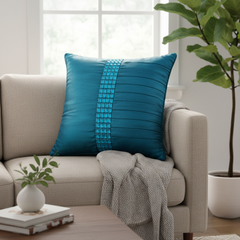 Hand Crafted Cushion Cover – Turquoise | 16"x16" | Poly Cotton | Pleated Panel Design