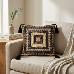 Hand Crafted Decorative Cushion Cover – Black | 12"x12" | Poly Cotton | Tassel Design