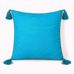 Handcrafted Turquoise Cushion Cover – 12"x12" | Diamond Patchwork Embroidery | Tassel Accents | Premium Poly Cotton