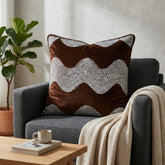 Hand Crafted Cushion Cover – Light Brown | 16"x16" | Poly Chenille-Cotton Fabric | Embellished Wave Design