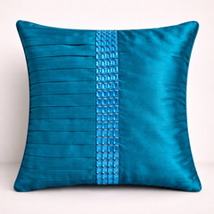 Hand Crafted Cushion Cover – Turquoise | 16"x16" | Poly Cotton | Pleated Panel Design