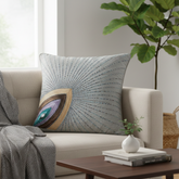 Handcrafted Gray Cushion Cover – 16"x16" | Radiant Eye Motif Embroidered Design | Premium Polyester-Cotton