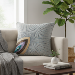 Handcrafted Gray Cushion Cover – 16"x16" | Radiant Eye Motif Embroidered Design | Premium Polyester-Cotton