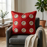 Hand Crafted Cushion Cover – Red | 16"x16" | Poly Cotton | Designer Ring Embellished Pattern