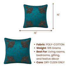 Handcrafted Cushion Cover – Turquoise | 16"x16" | Floral Embroidered Decorative Cushion Cover
