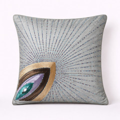 Handcrafted Gray Cushion Cover – 16"x16" | Radiant Eye Motif Embroidered Design | Premium Polyester-Cotton