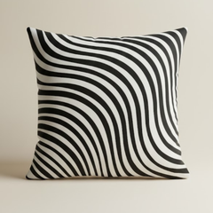 Fabric-Crafted Black Cushion Cover – 16"x16" | Modern Wave-Stripe Pattern | Poly Cotton Foam |