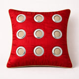 Hand Crafted Cushion Cover – Red | 16"x16" | Poly Cotton | Designer Ring Embellished Pattern