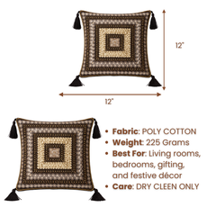 Hand Crafted Decorative Cushion Cover – Black | 12"x12" | Poly Cotton | Tassel Design