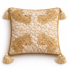 Hand Crafted Cushion Cover – Beige | 12"x12" | Poly Cotton | Embroidered Paisley Design