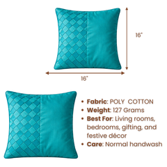 Fabric Crafted Cushion Cover – Turquoise | 16"x16" | Poly Cotton | Elegant Textured Design