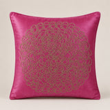Machine Crafted Pink Cushion Cover – 16"x16" | Elegant Gold Floral Embroidery | Premium Poly-Cotton Decorative Cushion Cover