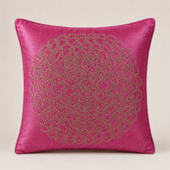 Machine Crafted Pink Cushion Cover – 16"x16" | Elegant Gold Floral Embroidery | Premium Poly-Cotton Decorative Cushion Cover