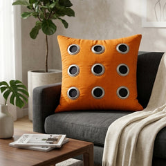 Hand Crafted Cushion Cover – Orange | 16"x16" | Poly Cotton | Designer Ring Embellished Pattern