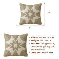 Machine Crafted Cream Cushion Cover – 16"x16" | Geometric Star Patchwork Embroidery | Premium Poly-Cotton Decorative Cushion Cover