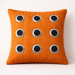 Hand Crafted Cushion Cover – Orange | 16"x16" | Poly Cotton | Designer Ring Embellished Pattern