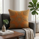 Machine Crafted Orange Cushion Cover – 16"x16" | Geometric Star Patchwork Embroidery | Premium Poly-Cotton Decorative Cushion Cover