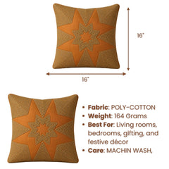 Machine Crafted Orange Cushion Cover – 16"x16" | Geometric Star Patchwork Embroidery | Premium Poly-Cotton Decorative Cushion Cover
