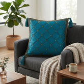Hand Crafted Cushion Cover – Turquoise | 16"x16" | Poly Cotton | Embroidered Diamond Pattern with Tassels