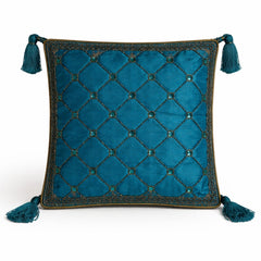 Hand Crafted Cushion Cover – Turquoise | 16"x16" | Poly Cotton | Embroidered Diamond Pattern with Tassels