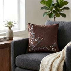 Hand Crafted Cushion Cover – Brown | 12"x12" | Poly Cotton Fabric | Embroidered Floral Vine Design