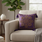 Handcrafted Purple Cushion Cover – 12"x12" | Circular Embroidered Motif | Tassel Accents | Premium Poly Cotton