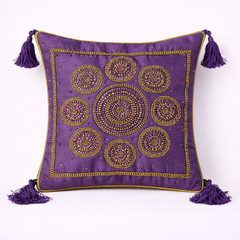 Handcrafted Purple Cushion Cover – 12"x12" | Circular Embroidered Motif | Tassel Accents | Premium Poly Cotton