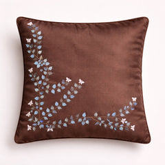Hand Crafted Cushion Cover – Brown | 12"x12" | Poly Cotton Fabric | Embroidered Floral Vine Design
