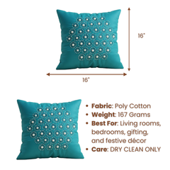 Handcrafted Turquoise Cushion Cover – 16"x16" | Poly Cotton | Elegant 3D Floral Detailing | Premium Festive Décor