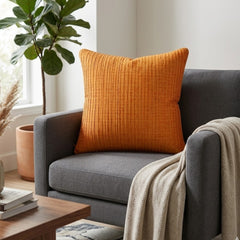 Fabric Crafted Cushion Cover – Orange | 16"x16" | Poly Cotton Foam Fabric | Premium Ribbed Texture Design