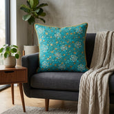 Hand Crafted Cushion Cover – Turquoise | 16"x16" | Poly Cotton | Floral Embroidered Sequin Design