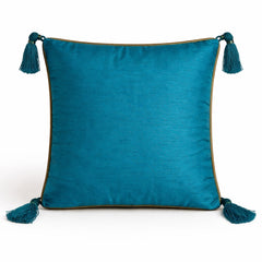 Hand Crafted Cushion Cover – Turquoise | 16"x16" | Poly Cotton | Embroidered Diamond Pattern with Tassels
