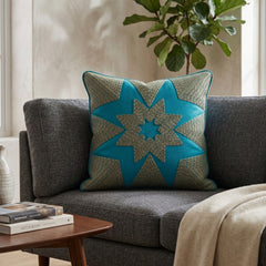 Machine Crafted Turquoise Cushion Cover – 16"x16" | Geometric Star Patchwork Embroidery | Premium Poly-Cotton Decorative Cushion Cover