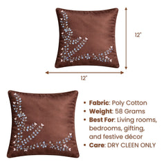 Hand Crafted Cushion Cover – Brown | 12"x12" | Poly Cotton Fabric | Embroidered Floral Vine Design