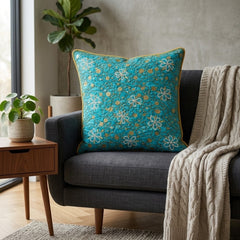 Hand Crafted Cushion Cover – Turquoise | 16"x16" | Poly Cotton | Floral Embroidered Sequin Design