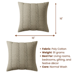 Fabric-Crafted Khaki Cushion Cover – 16"x16", Vertical Pleated Texture in Premium Poly Cotton