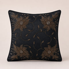Handcrafted Cushion Cover – Black | 16"x16" | Floral Embroidered Decorative Cushion Cover