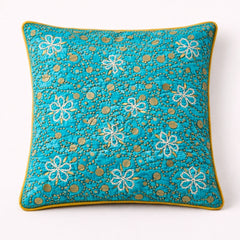 Hand Crafted Cushion Cover – Turquoise | 16"x16" | Poly Cotton | Floral Embroidered Sequin Design
