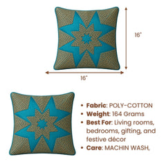 Machine Crafted Turquoise Cushion Cover – 16"x16" | Geometric Star Patchwork Embroidery | Premium Poly-Cotton Decorative Cushion Cover