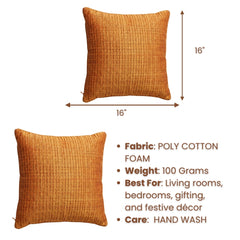 Fabric Crafted Cushion Cover – Orange | 16"x16" | Poly Cotton Foam Fabric | Premium Ribbed Texture Design
