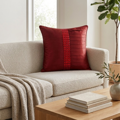 Hand Crafted Cushion Cover – Maroon | 16"x16" | Poly Cotton | Pleated Panel Design