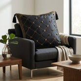 Hand Crafted Cushion Cover – Black | 16"x16" | Poly Cotton | Embroidered Geometric Pattern with Tassels