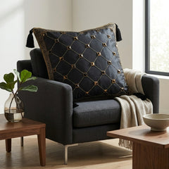 Hand Crafted Cushion Cover – Black | 16"x16" | Poly Cotton | Embroidered Geometric Pattern with Tassels