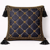 Hand Crafted Cushion Cover – Black | 16"x16" | Poly Cotton | Embroidered Geometric Pattern with Tassels
