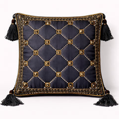 Hand Crafted Cushion Cover – Black | 16"x16" | Poly Cotton | Embroidered Geometric Pattern with Tassels