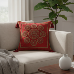 Handcrafted Maroon Cushion Cover – 12"x12" | Circular Embroidered Motif | Tassel Accents | Premium Poly Cotton