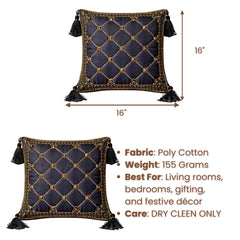 Hand Crafted Cushion Cover – Black | 16"x16" | Poly Cotton | Embroidered Geometric Pattern with Tassels