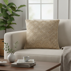 Handcrafted Cream Cushion Cover – 16"x16" | Swirl Geometric Embroidered Design | Premium Poly Cotton